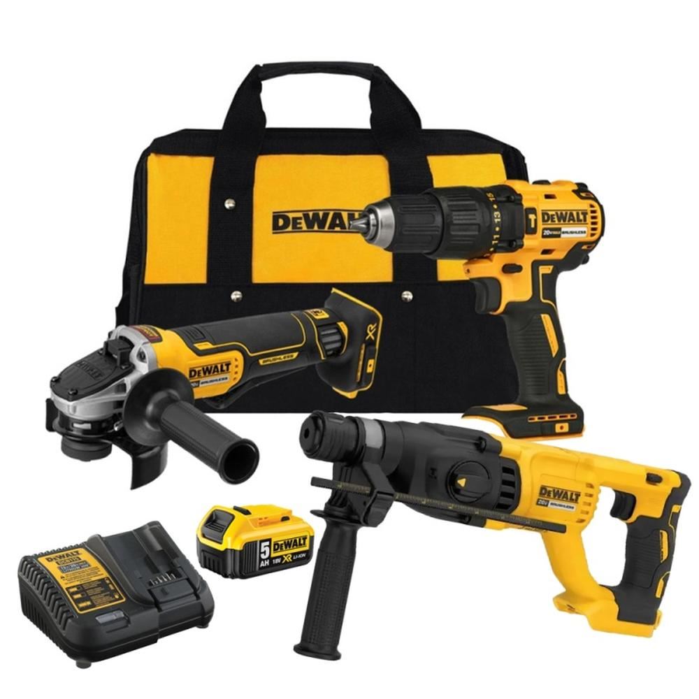 Taladro Perc 1/2" + Amoladora Ang 4 1/2" + 1 Bat 5.0Ah + Rotomartillo SDS Plus Dewalt DCK248P1-K8