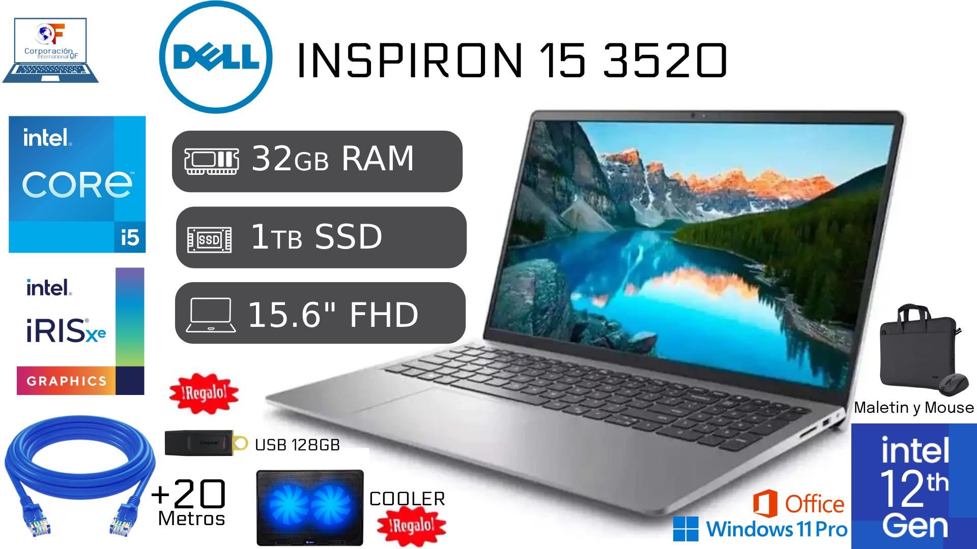 Laptop Dell 15 3520 Intel Core I5 12va 32GB RAM 1TB SSD + USB 128GB  15.6 FHD