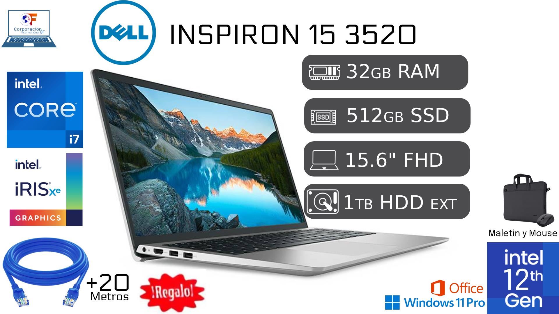 Laptop Nueva Dell 15 3520 Intel Core i7 12va 32GB RAM 512GB SSD + 1TB HDD EXTERNO + CABLE DE RED +20 METROS