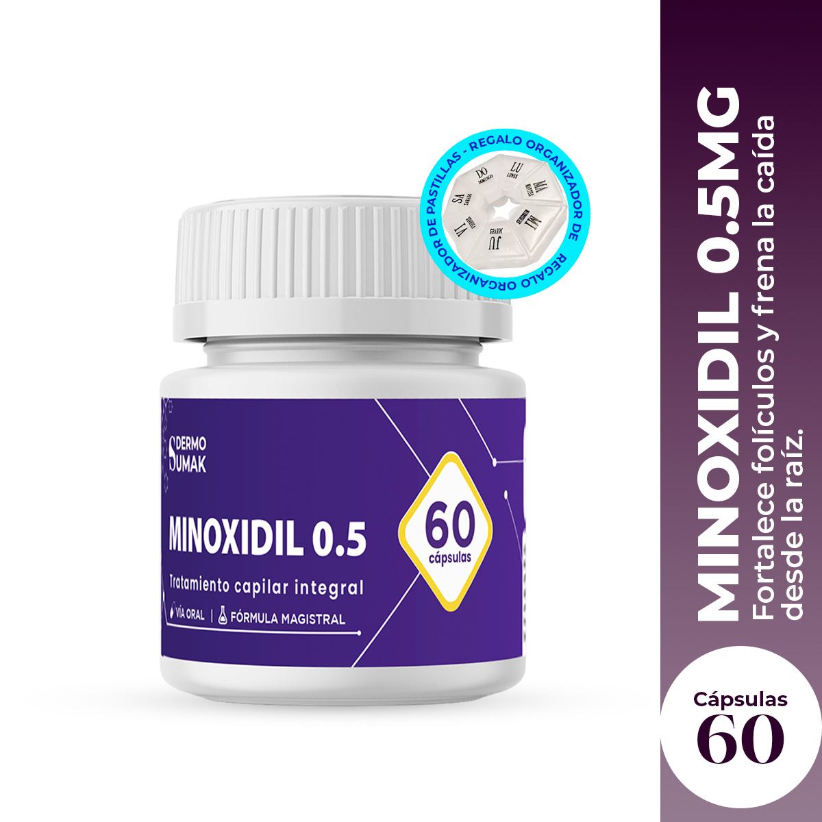MINOXIDIL 0.5MG - 60 CAPS +  REGALO PASTILLERO