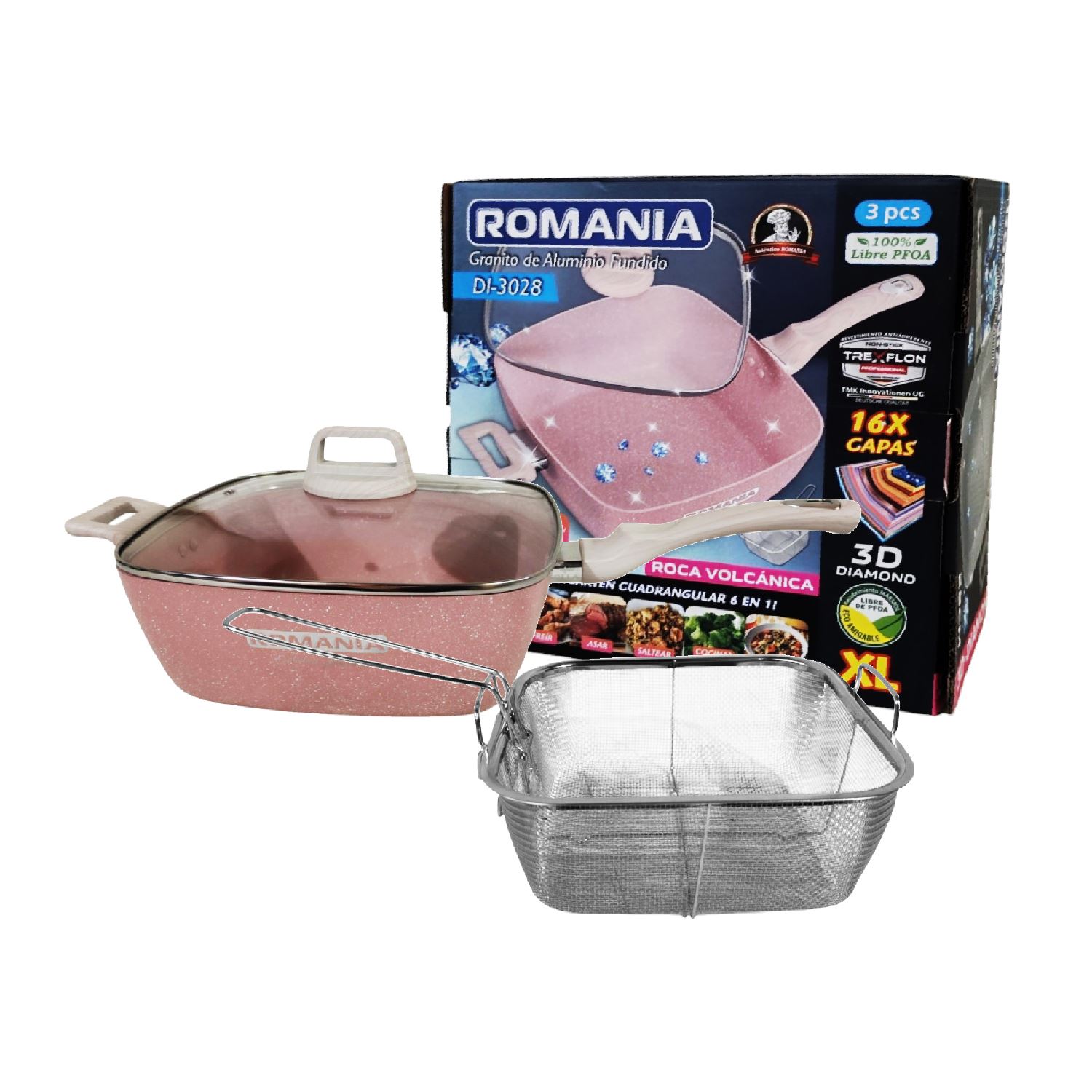 Sartén Cuadrado Antiadherente 28cm con Tapa de Vidrio Templado Rosado