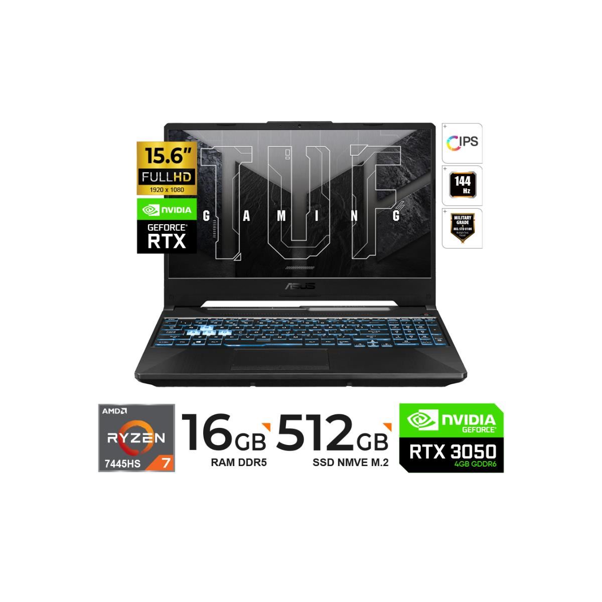 Laptop ASUS TUF Gaming A15 15.6" FHD IPS Ryzen 7 16GB 512GB RTX 3050 FreeDOS