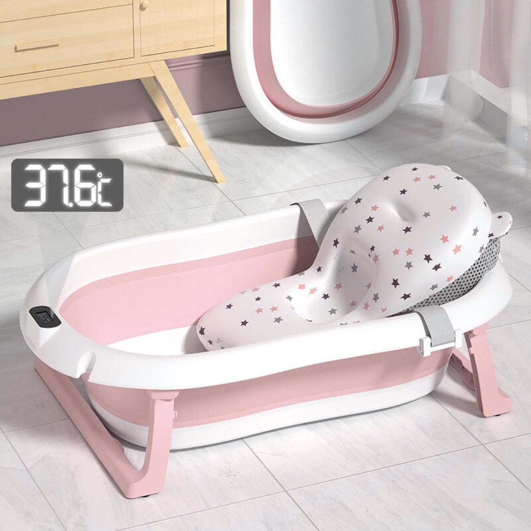 BAÑERA PARA BEBE PLEGABLE CON TERMOMETRO Y COJIN PREMIUM - ROSADO