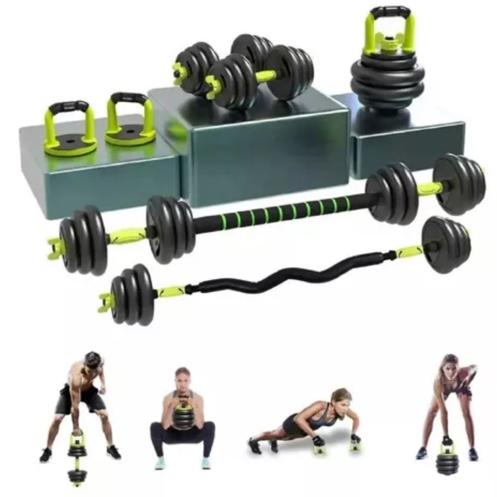 Set 30 Kilos Pesas mancuernas, barra  zeta + barra recta  , AB roller + Guantes