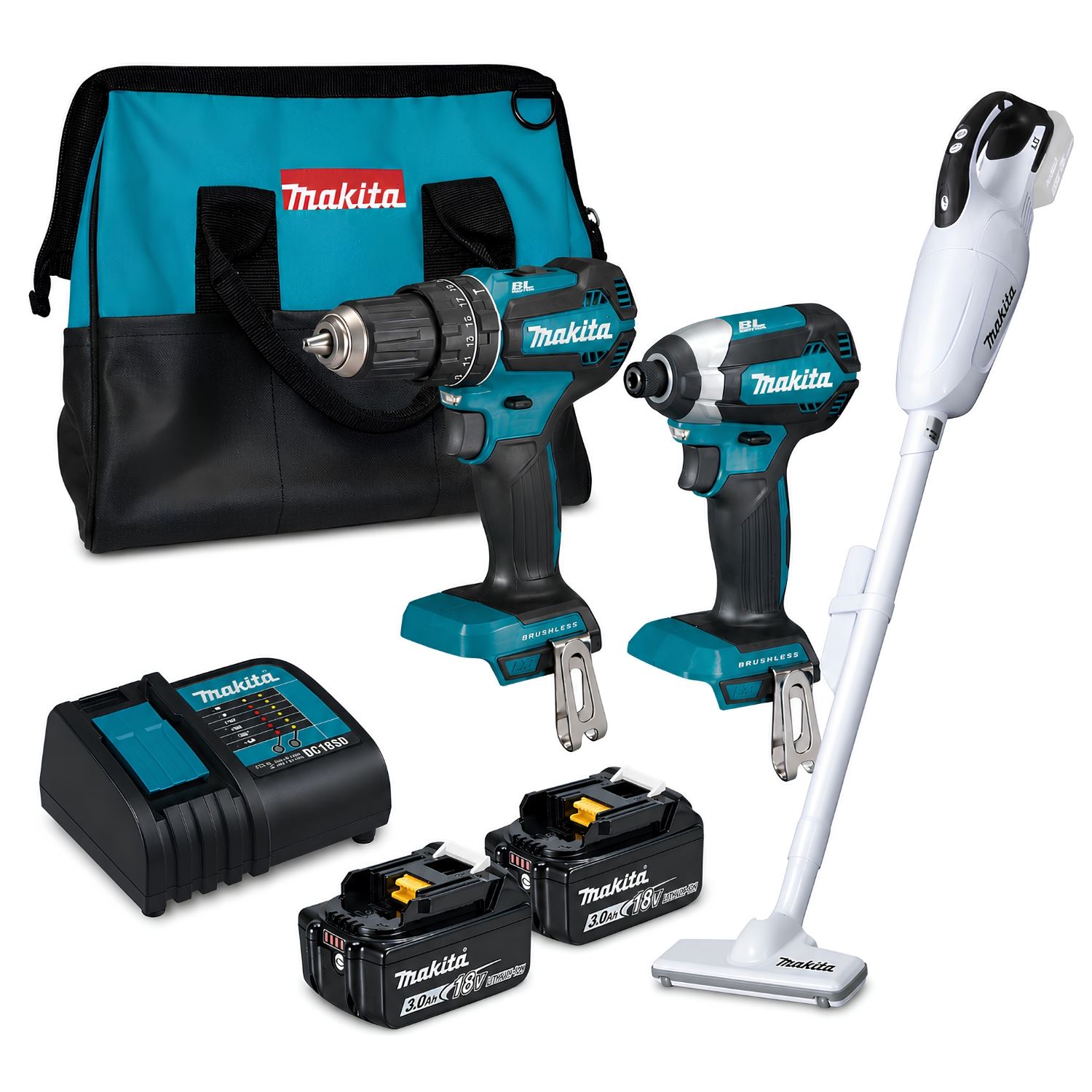 Taladro + Atornillador de impacto + Aspiradora 18V Makita DLX2283S-DCL181FZW