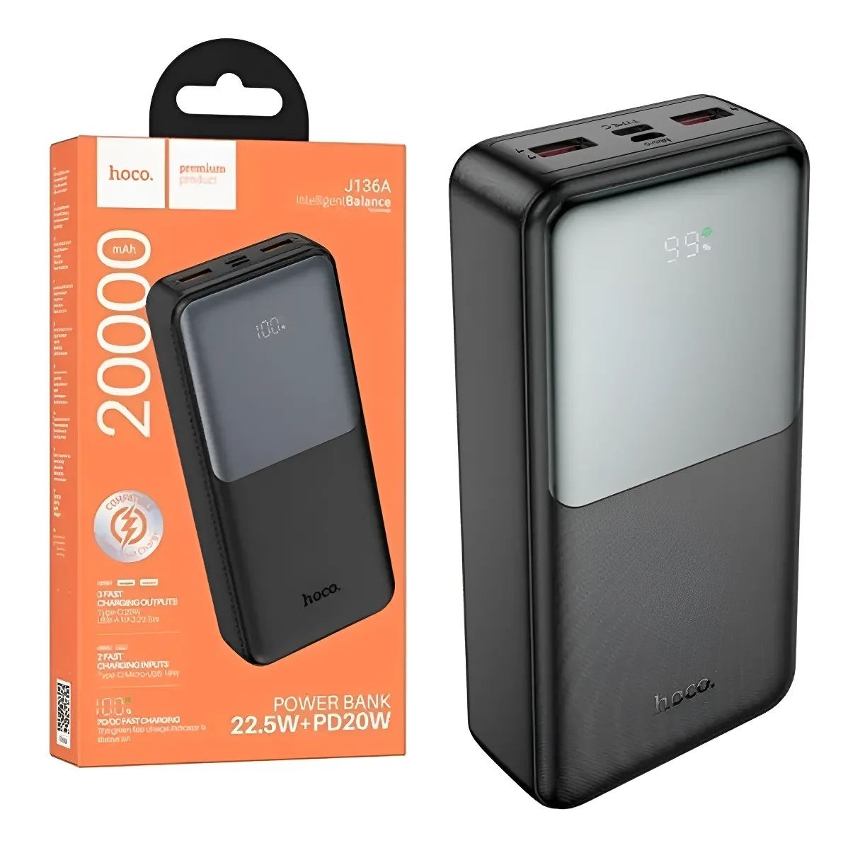 Power Bank Hoco 20000 22W Led Display J136A Para Samsung,Xiaomi, iPhone - Negro