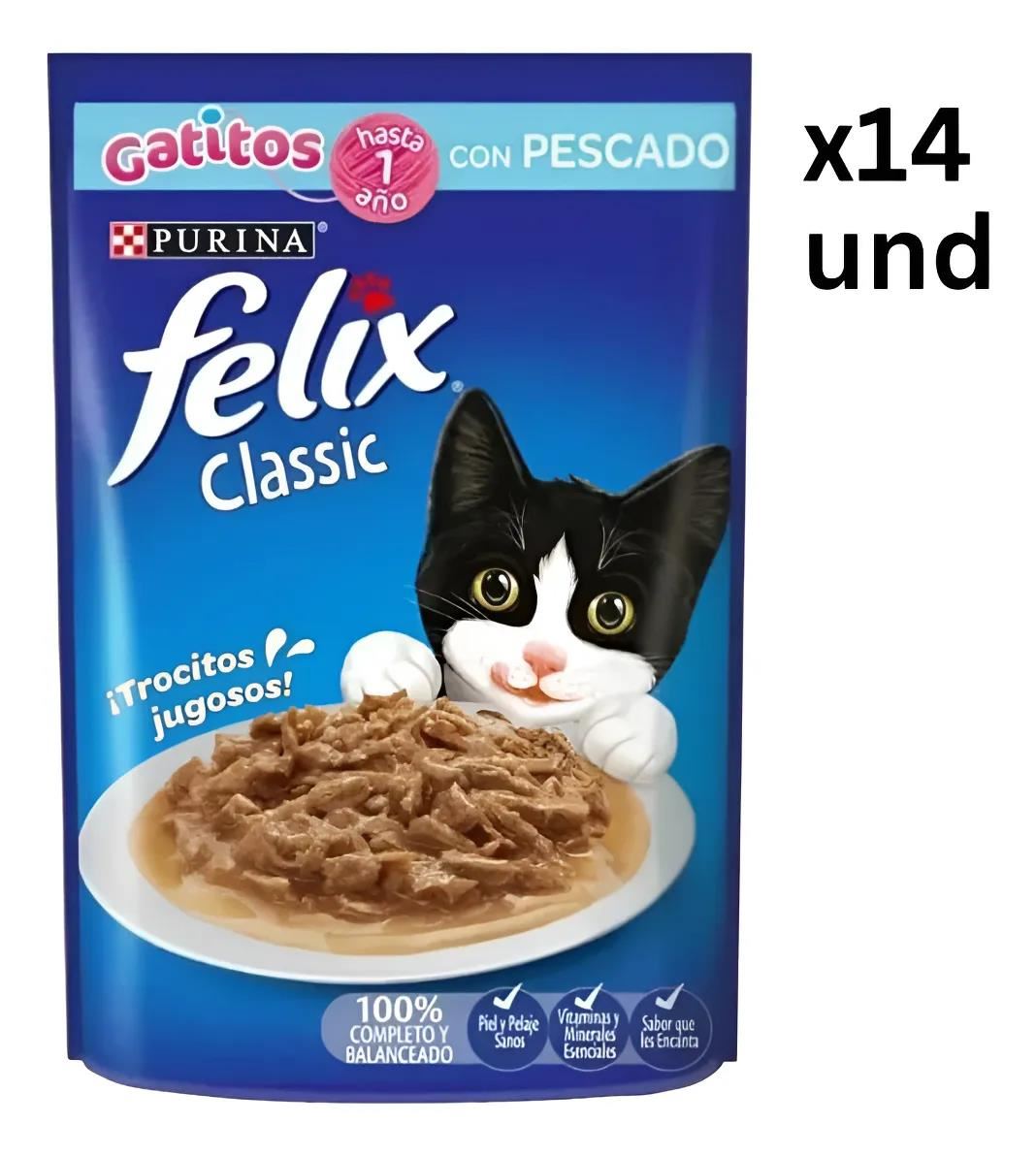 ALIMENTO HÚMEDO DE GATITO FELIX CLASSIC CON PESCADO BLANCO 14 UNIDADES x 85GR