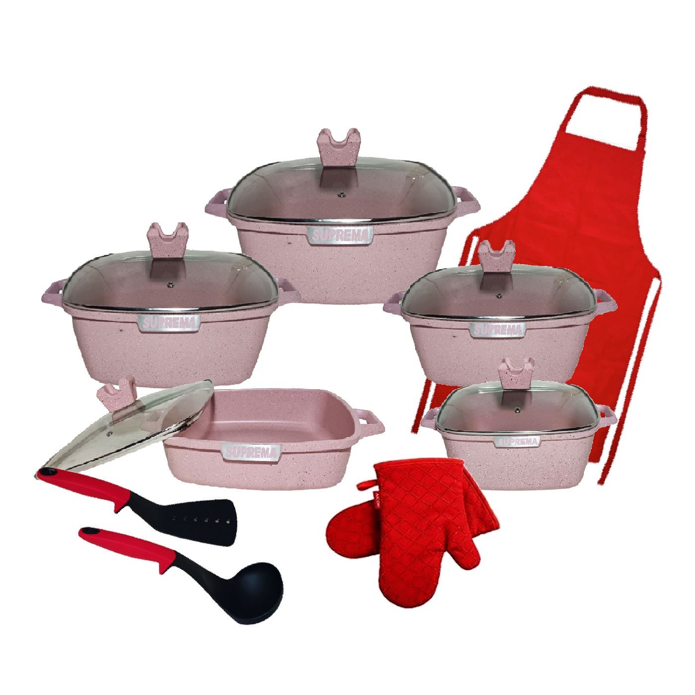 Set de Ollas Cuadradas SUPREMA Granito Antiadherente Rosado