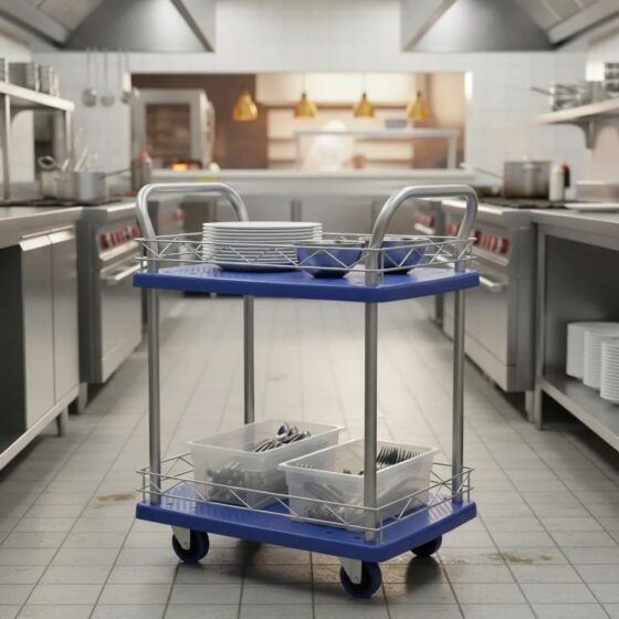 Carrito servicio 2 niveles antideslizante 50x70cm 200kg por nivel 300kg en total con 4 ruedas goma