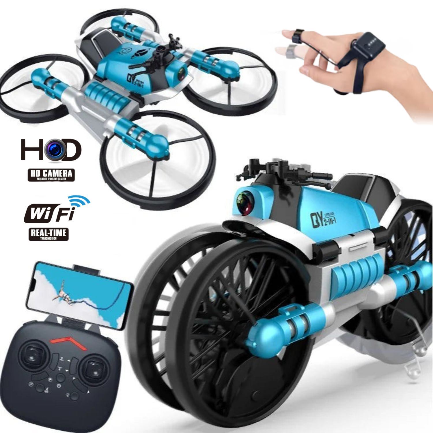 Drone 2 en 1 Convertible a Moto Inteligente Con Cámara Wifi +APP +Control Pulsera + Control Remoto A