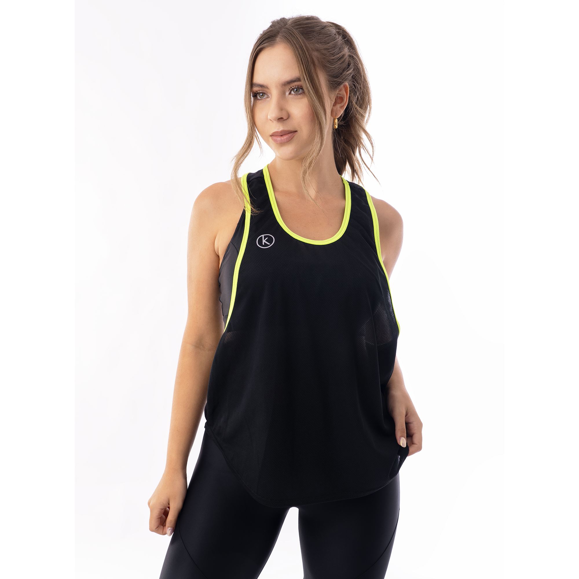 Polo Manga Cero Kinetix Musculosa Runner Reflectiva Mujer Negro Amarillo Neón