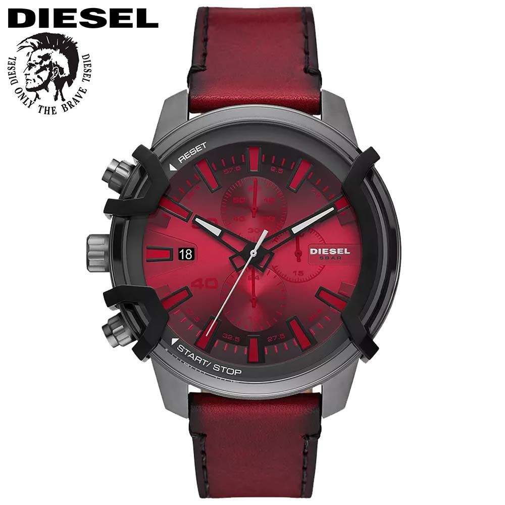 Reloj Diesel Griffed DZ4594 Fecha Cronómetro Acero Gunmetal Correa Cuero Rojo