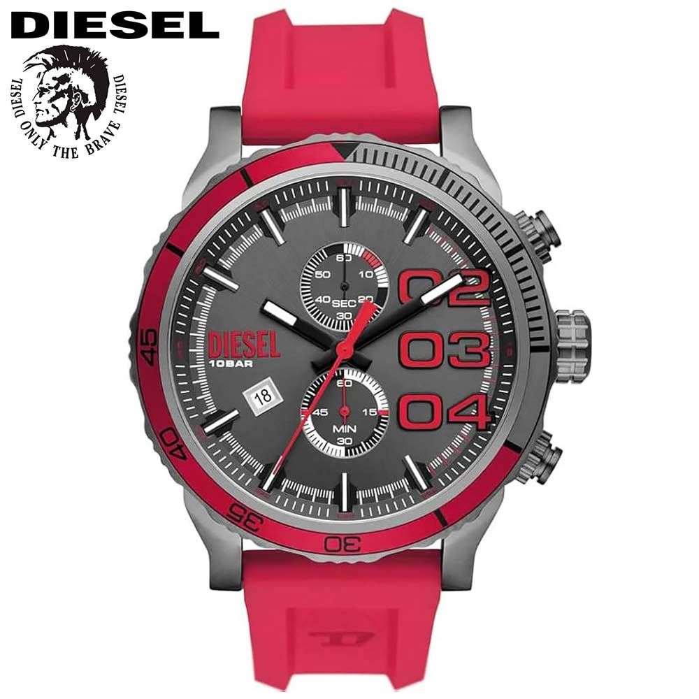 Reloj Diesel Double Down DZ4613 Fecha Cronómetro Acero Gunmetal Silicona Rojo