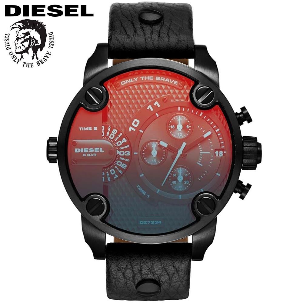 Reloj Diesel Little Daddy DZ7334 Doble Hora Fecha Cronometro Correa Cuero Negro Cristal Iridiscente