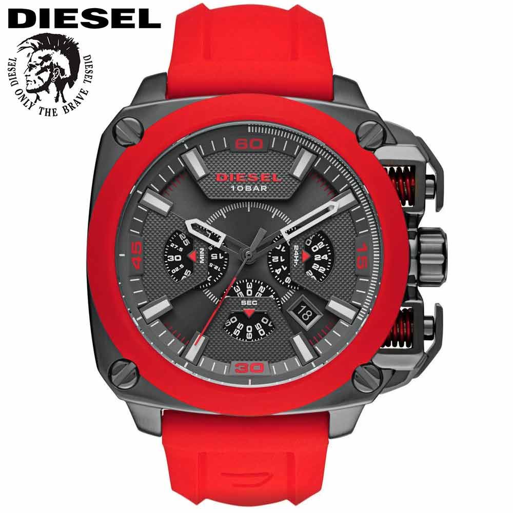 Reloj Diesel BAMF DZ7368 Fecha Cronómetro Acero Negro Correa Silicona Rojo