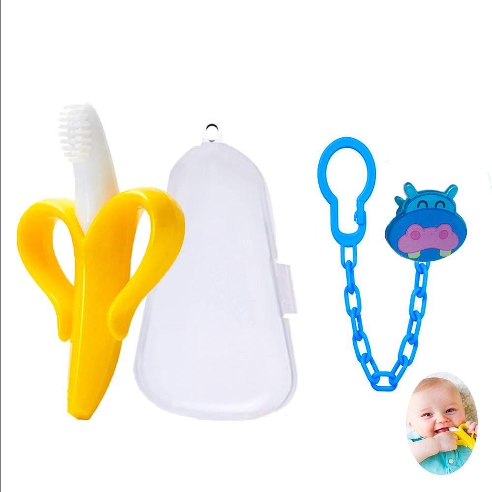 Mordedor banana cepillo y cadena hipopotamo azul para bebe Baby Froggie