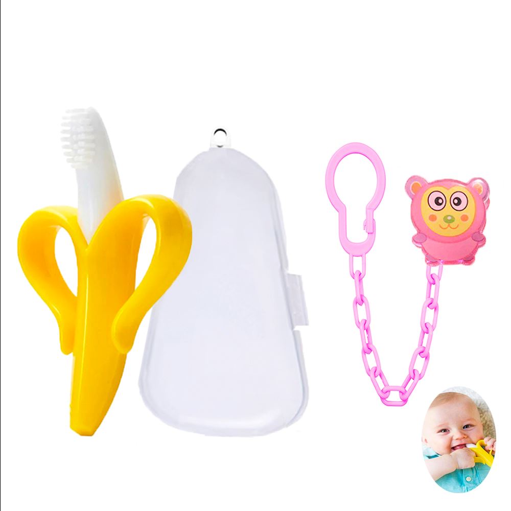 Mordedor banana cepillo y cadena osito fucsia para bebe Baby Froggie