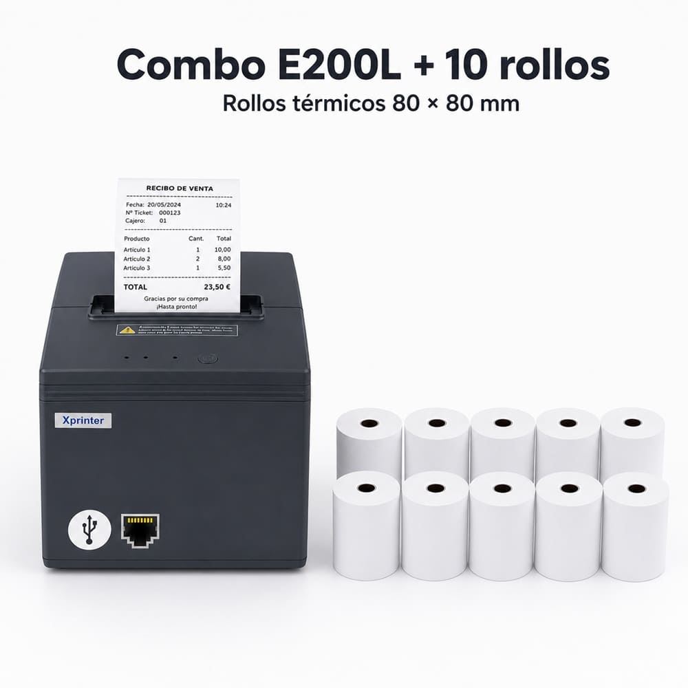 Impresora ticketera térmica tickets 80mm USB LAN Xprinter E200L + 10 rollos 80x80mm 75 metros