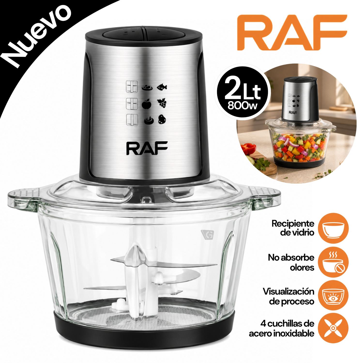 Procesadora de Alimentos RAFF 2L Vidrio 800W R7018
