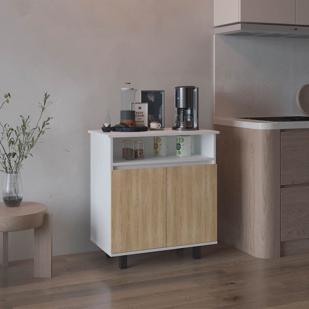 ESTACION DE CAFÉ 2 PUERTAS LONA BLANCO Y FRESNO 80,0X73,0X40,3 CM | TUHOME