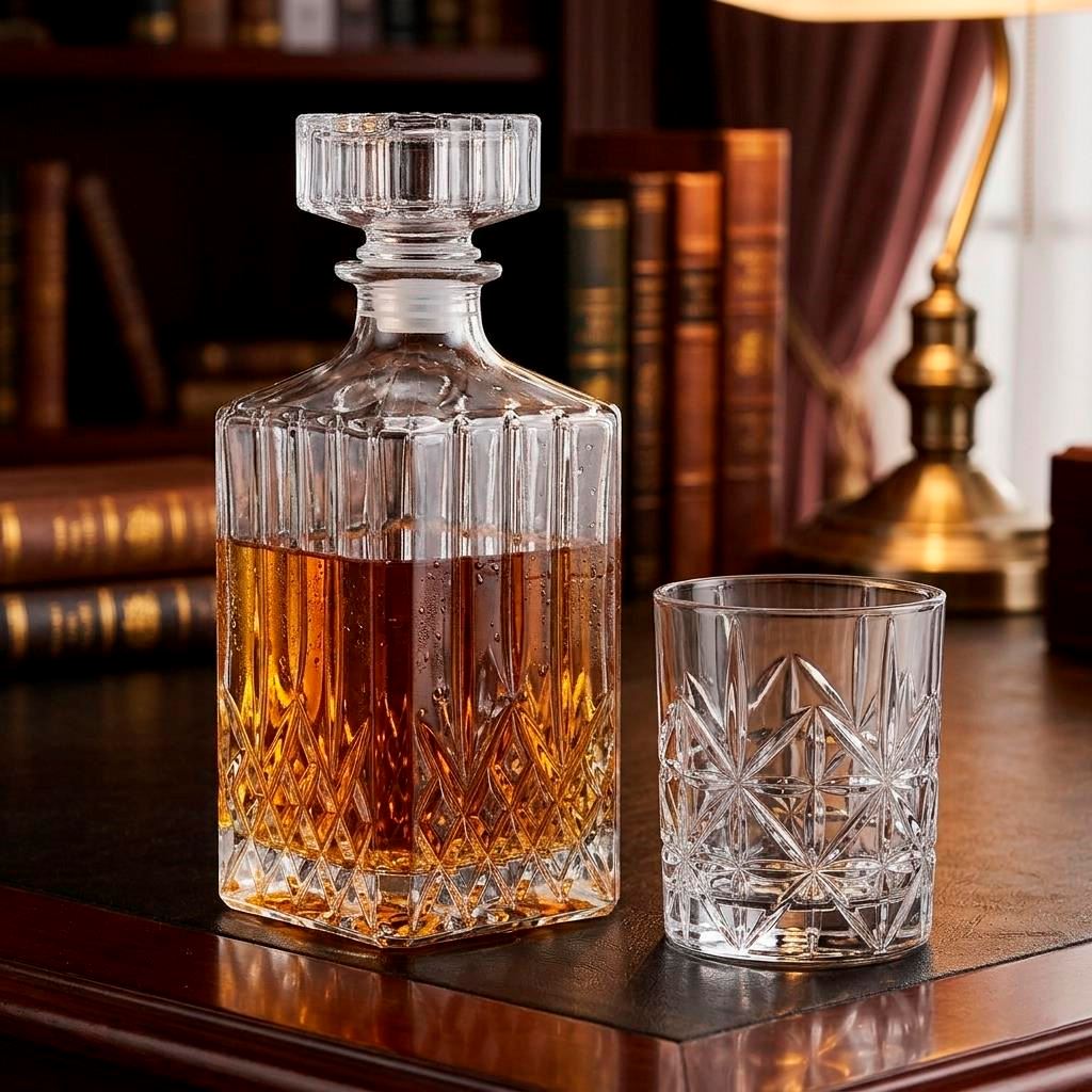 Jgo 7pc Vasos cortos 320ml + Licorera, Whiskera, Cadamada, Escoces. 970 ml 23 x 9.4