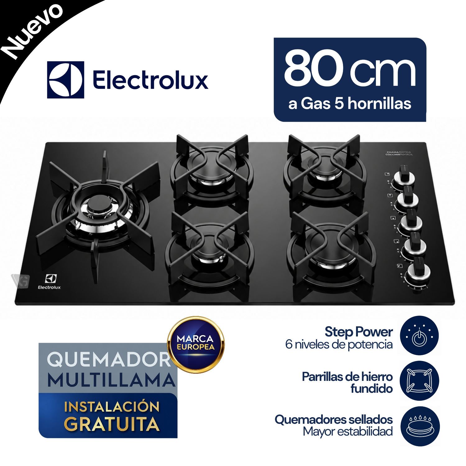 Encimera Electrolux a Gas 5 hornillas 80 cm KE5GW