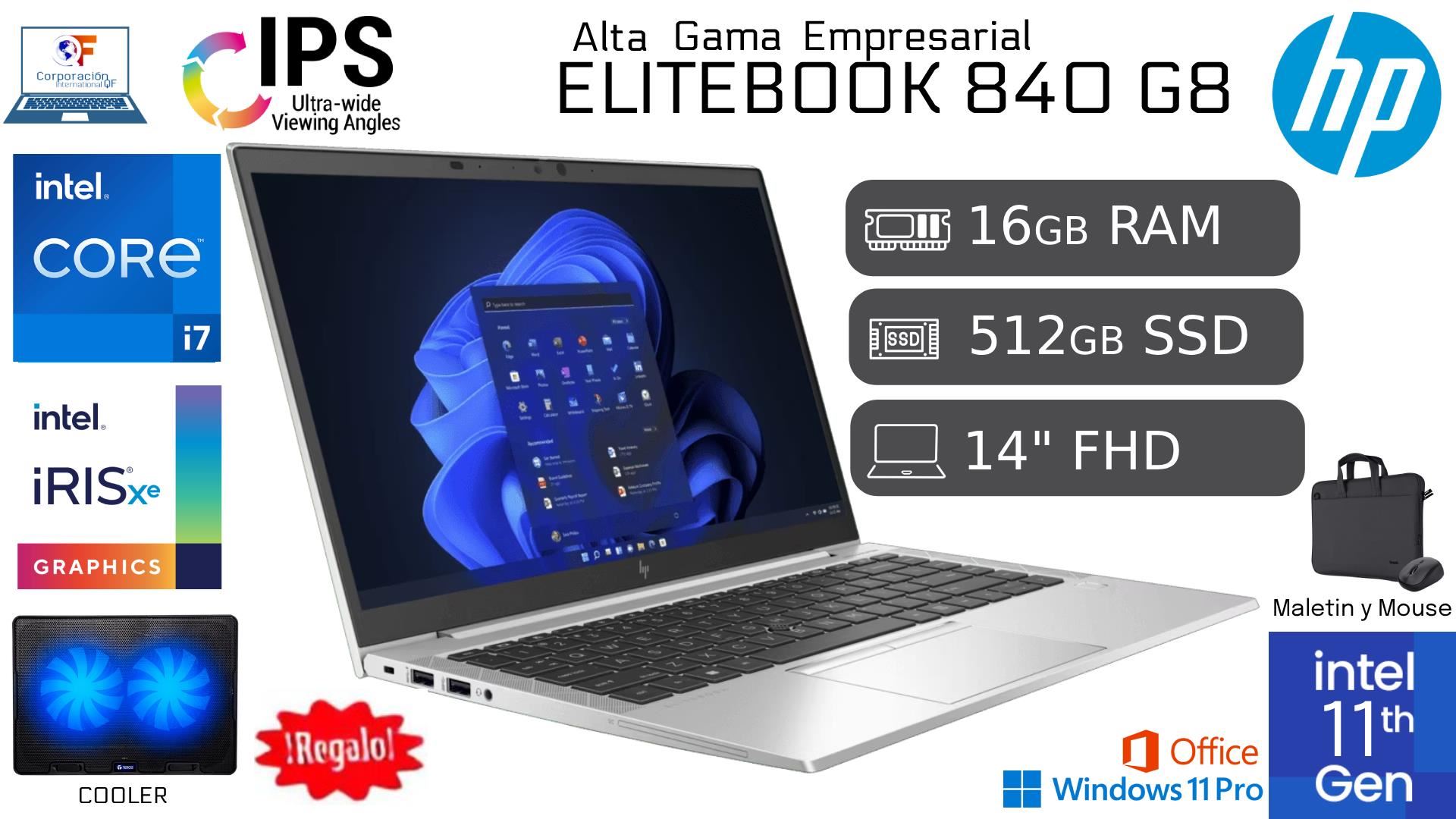 Laptop HP EliteBook 840 G8 i7 11va 16GB RAM 512GB SSD Reacondicionada Garantía 1 año + COOLER +CARGADOR