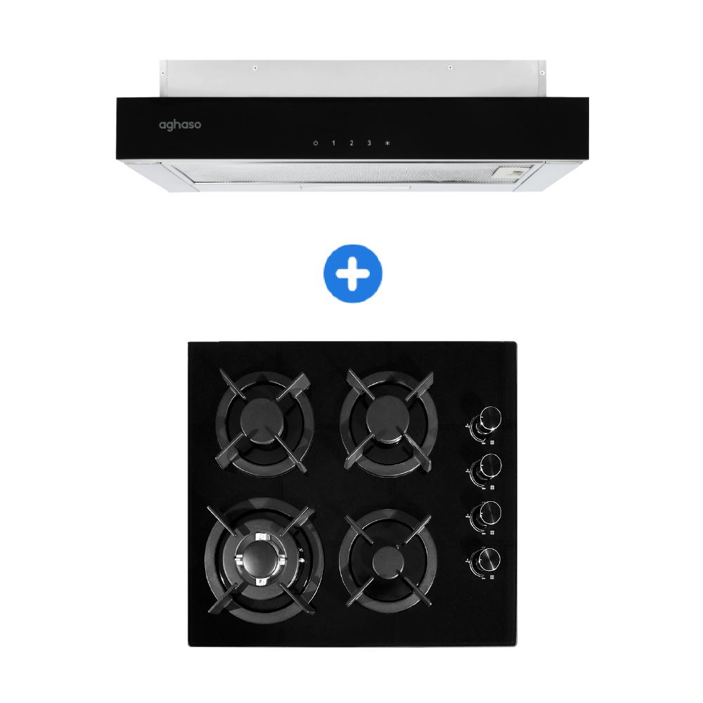 COMBO: ENCIMERA 4 HORNILLA GLP + CAMPANA EXTRAIBLE PREMIUM BLACK 60 CM