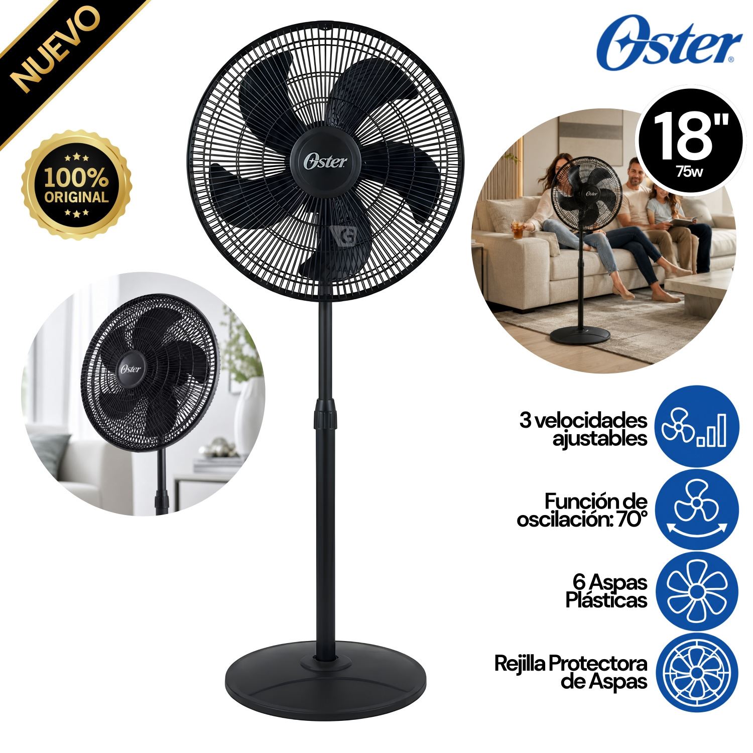 Ventilador Oster de Pedestal 18" 75 Watts 3 Velocidades EOSVELIST1631