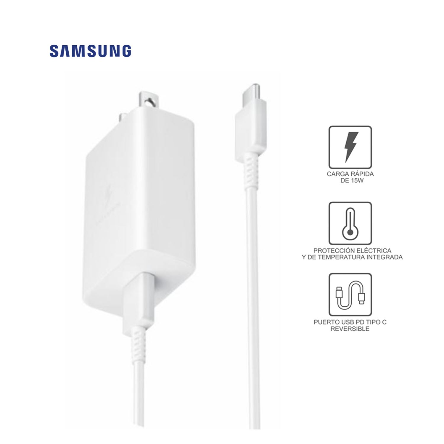 Cargador De Pared Con Cable 15W 2A 1M C Rápida USB-C A USB-C Blanco