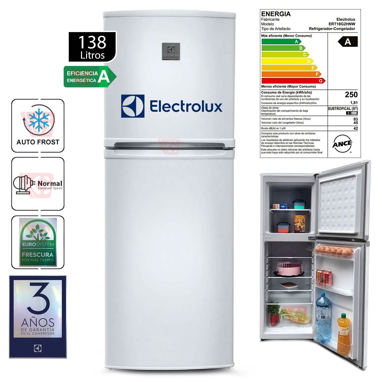 REFRIGERADORA ELECTROLUX TOP MOUNT FROST 138L BLANCO ERT18G2HNW