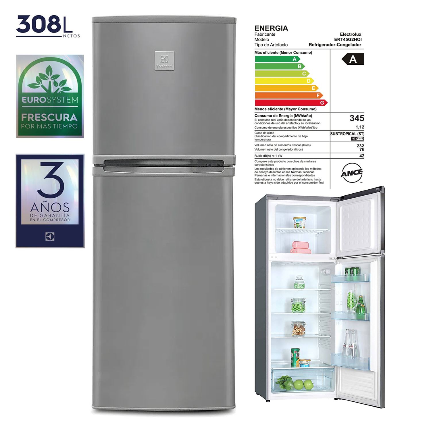 Refrigeradora Electrolux Top Mount Frost 308L Gris ERT45G2HQI