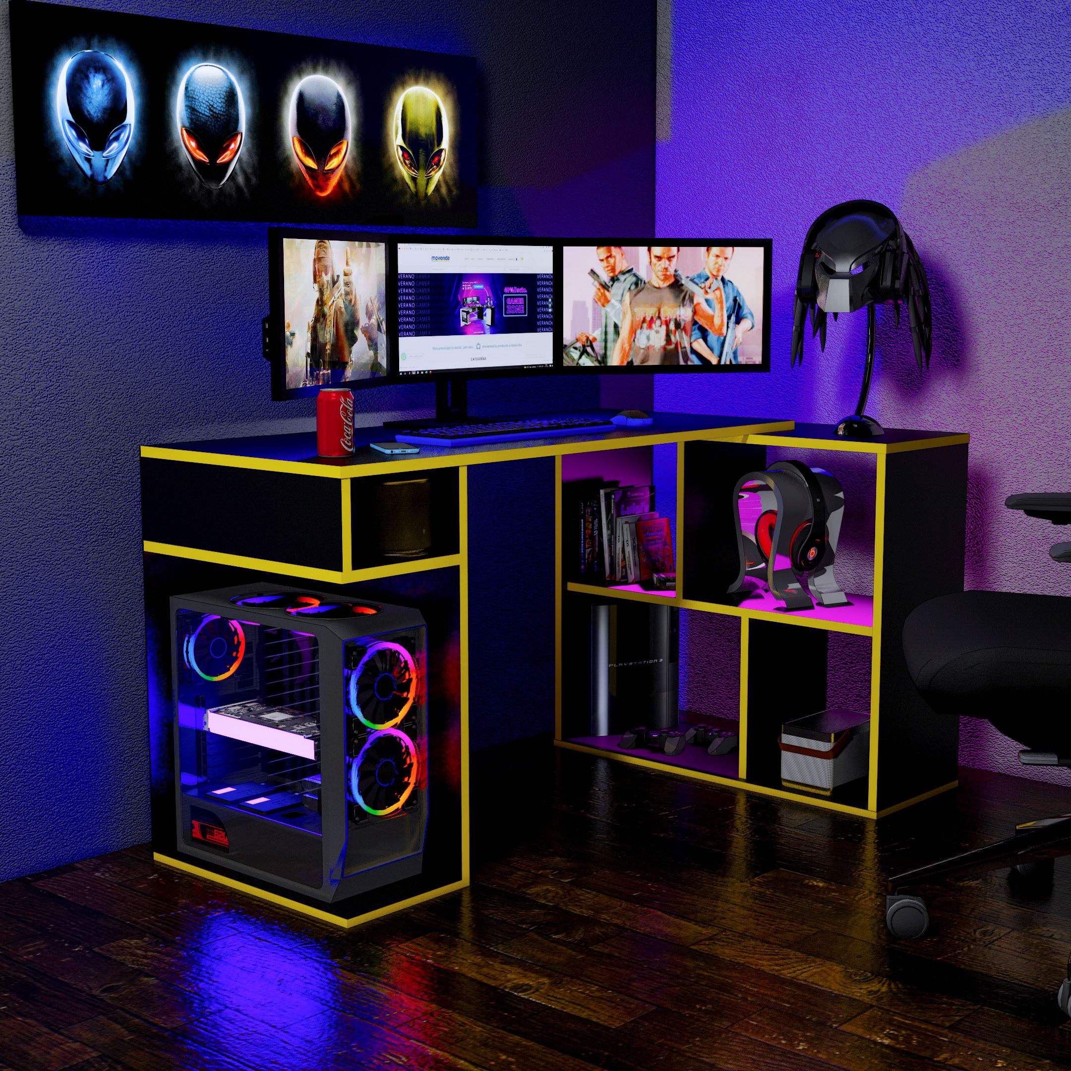 ESCRITORIO GAMER EN L 133X80CM NR 11 MOVENDA NEGRO/AMARILLO