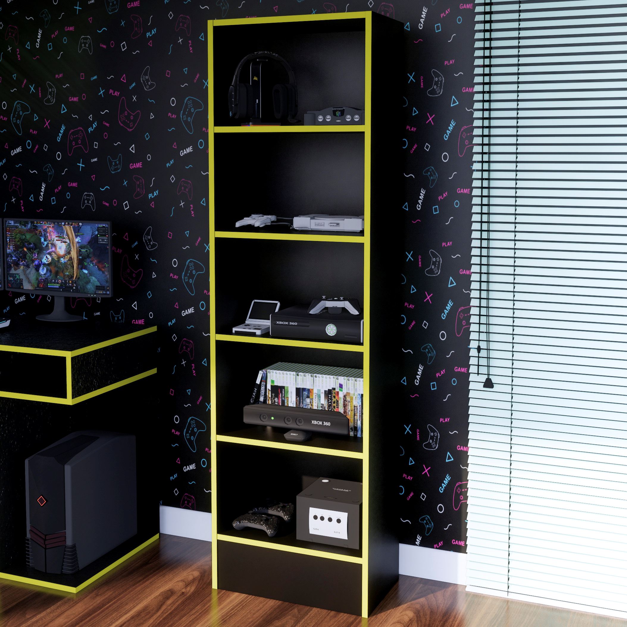 Estante Gamer NR01 177×52 5 Repisas Negro/ Amarillo Movenda