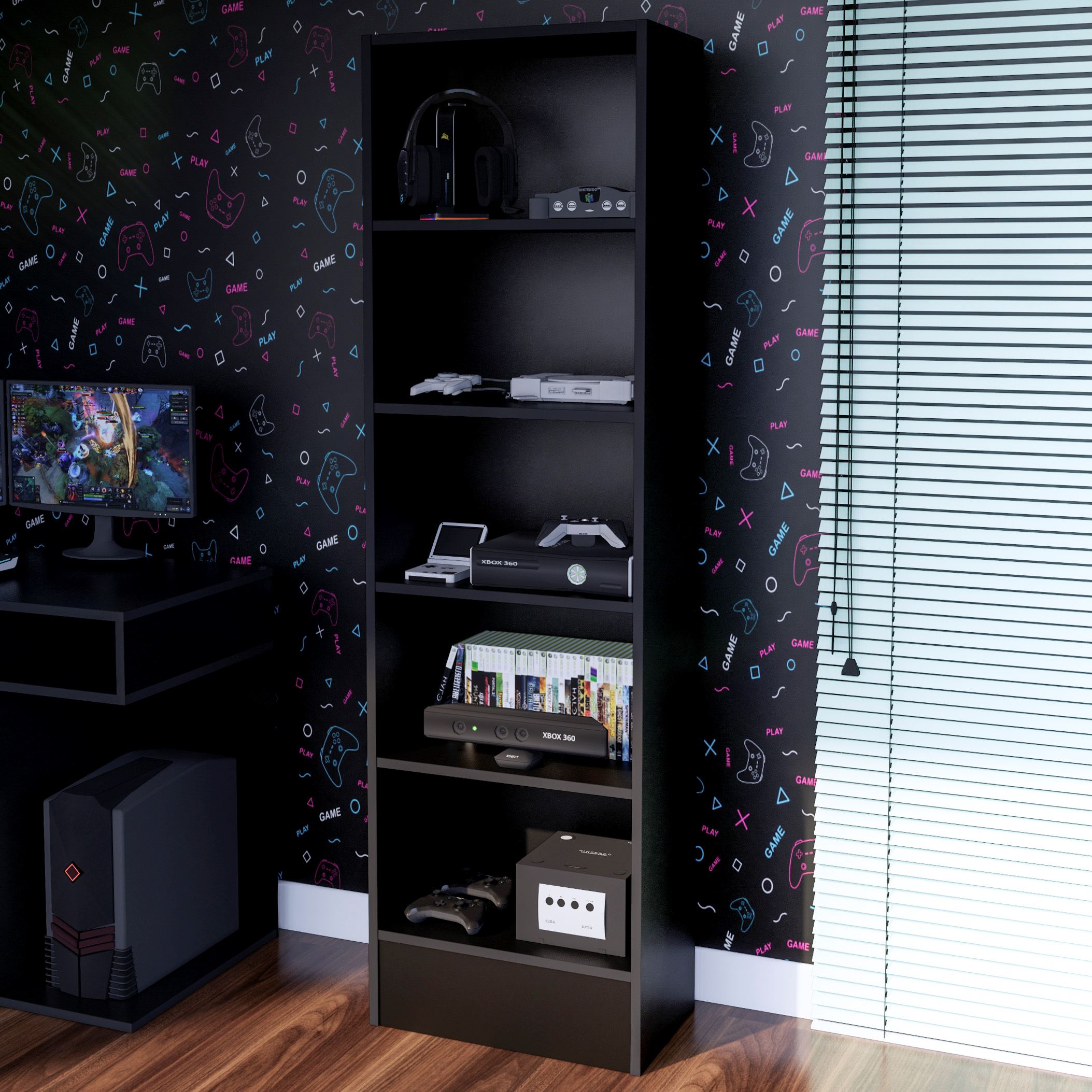 Estante Gamer NR01 177×52 5 Repisas Negro Movenda