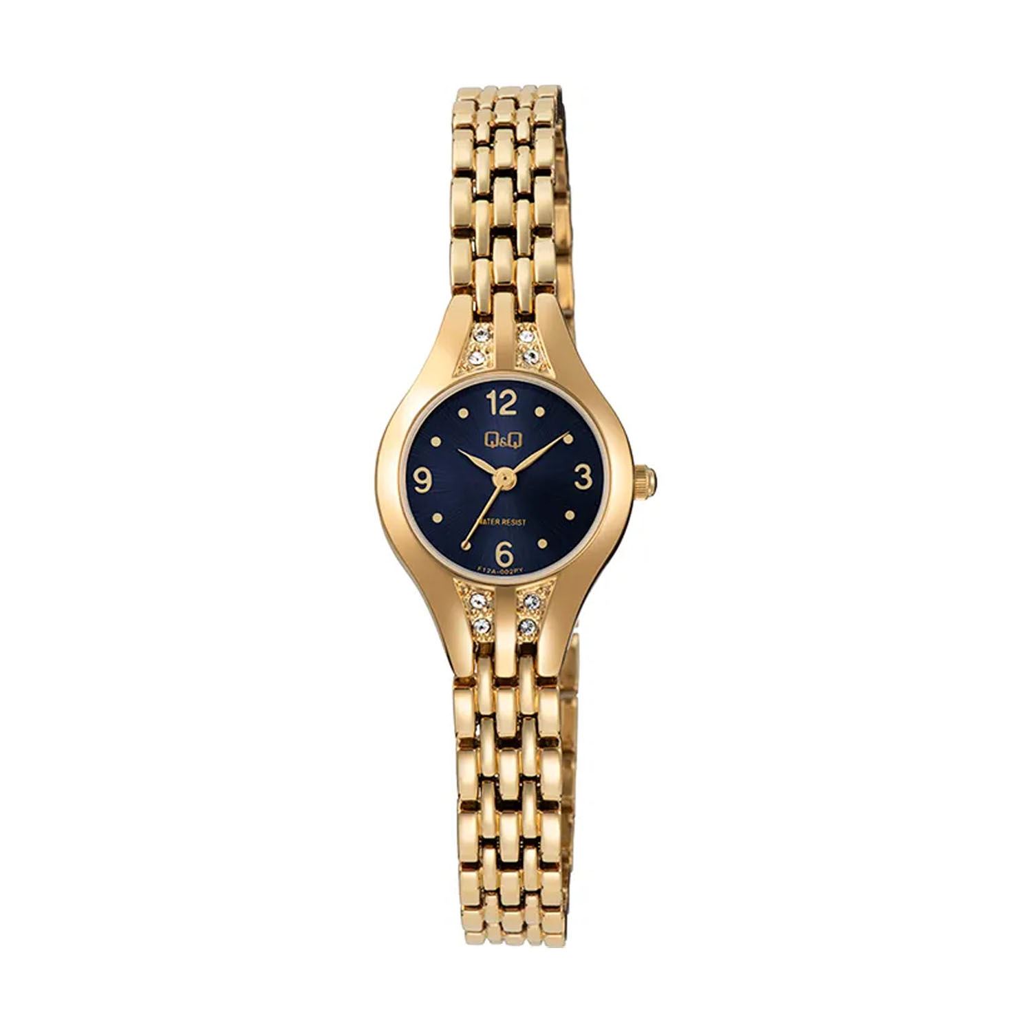 Reloj Q&Q Color Dorado para Mujer con Brillantes y Brazalete de Acero - Regalo Elegante para Mujer