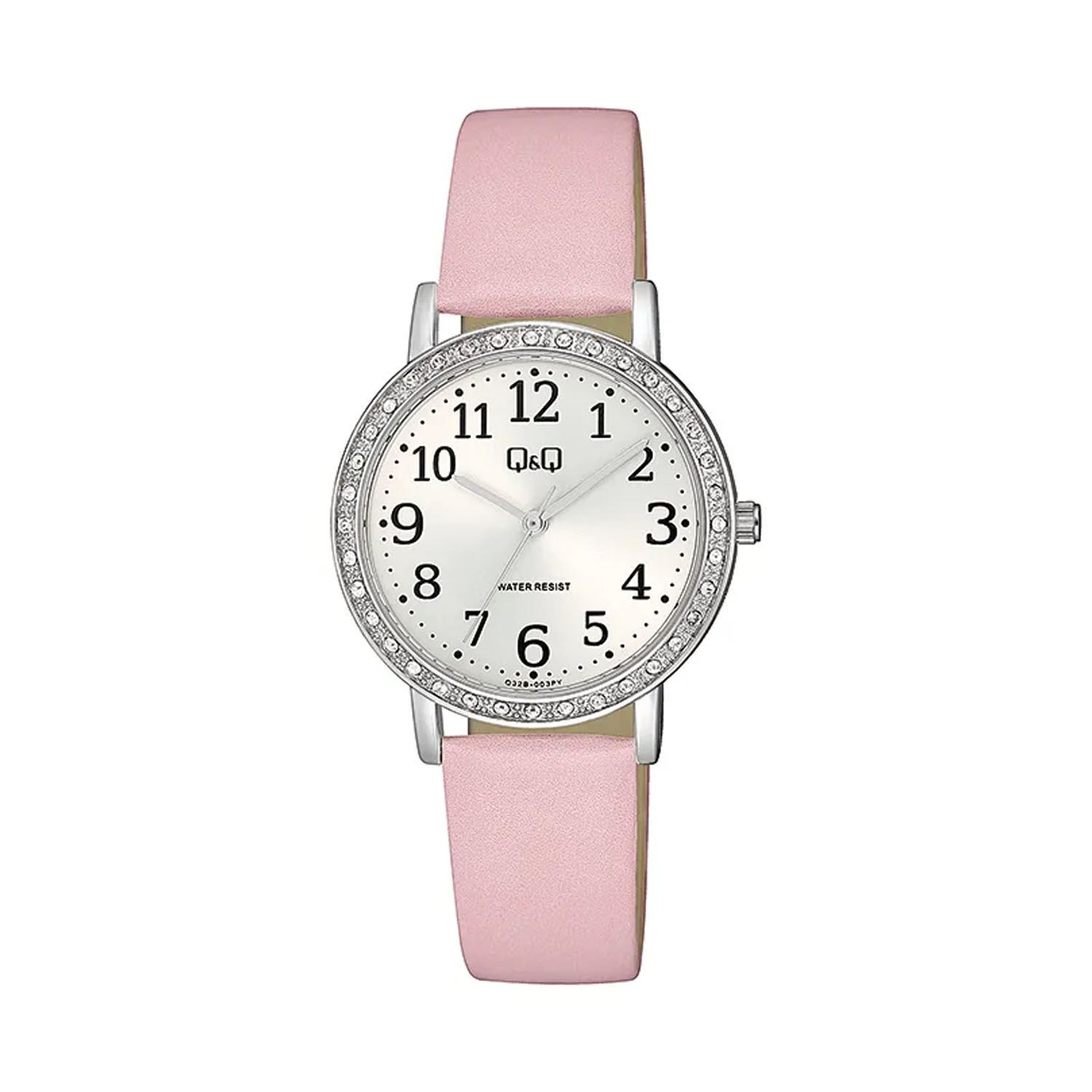 Reloj Q&Q para Mujer Color Rosa con Correa de Cuero y Brillantes Análogo 32mm