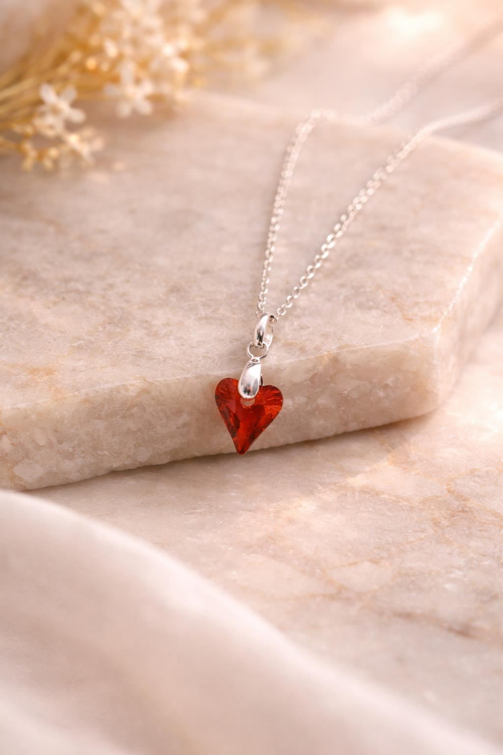 Collar de Plata 925 para Mujer con Dije Corazón de Cristal Burdeo Regalo Romántico para Ella