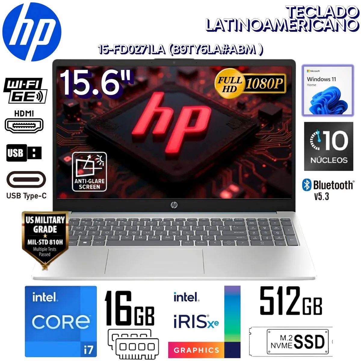 Laptop HP 15-FD0271LA Intel Core i7-1355U 16GB RAM 512GB SSD 15.6” FHD