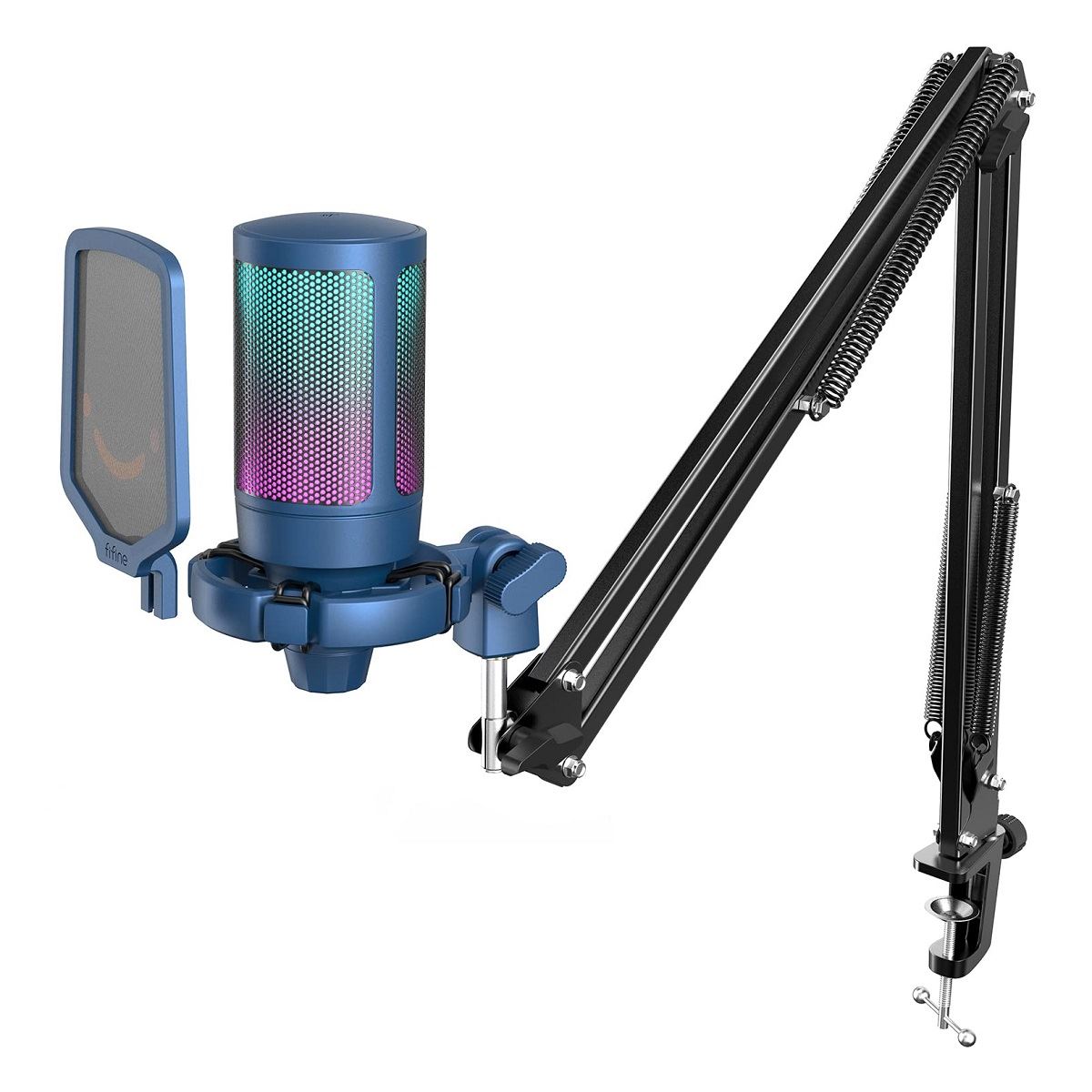 Fifine - Micrófono Ampligame A6T RGB (incluye Brazo) - Blue