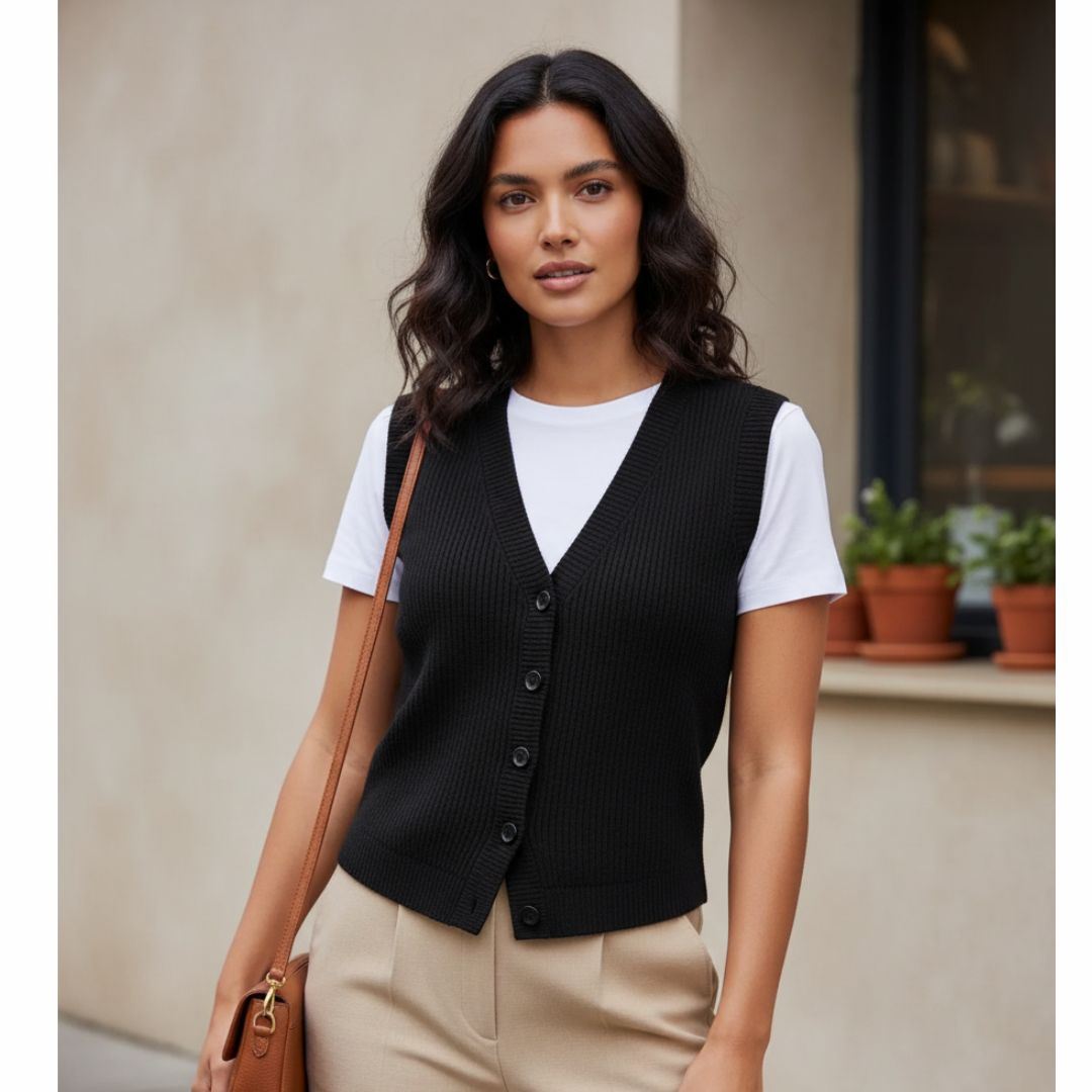 Chaleco Mujer con botones al centro  Cuello V cashmere Hilo