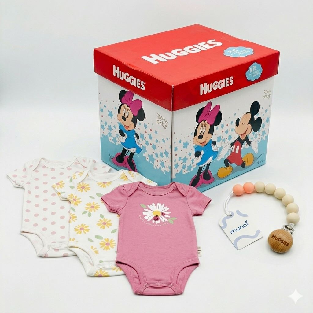 BODY NIÑA HUGGIES PACK X3 ALGODÓN ORGÁNICO ROSADO FLOREADO 6 MESES + PORTACHUPÓN Y CAJA DISNEY DE REGALO