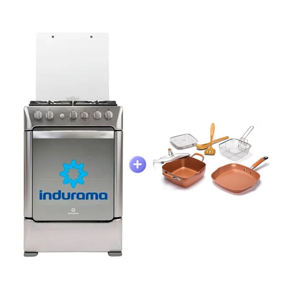 COMBO COCINA INDURAMA FLORENCIA ZAFIRO CROMA 4 HORNILLAS + JUEGO 7 PZAS COBRE BEHOME