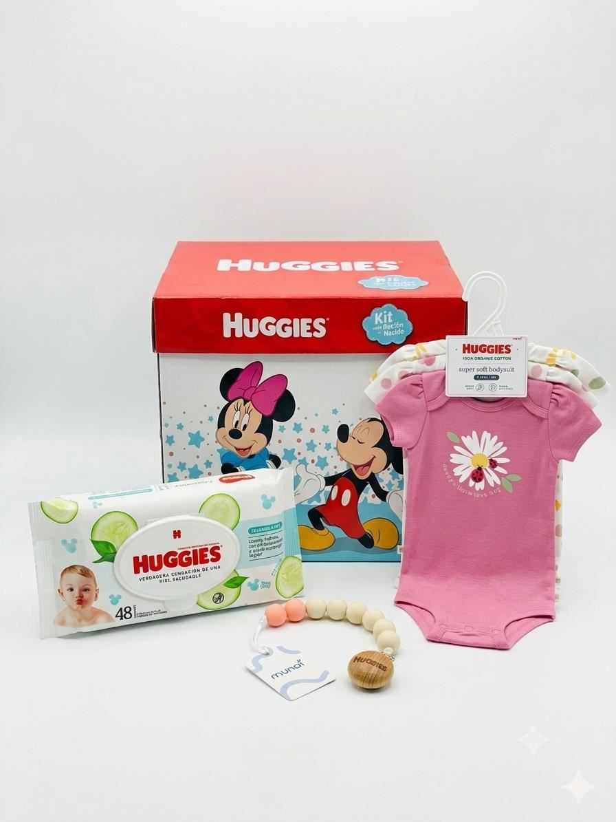 Pack de 3 bodies huggies niña flores 3 meses + toallitas húmedas 48 unid + portachupón + caja de regalo