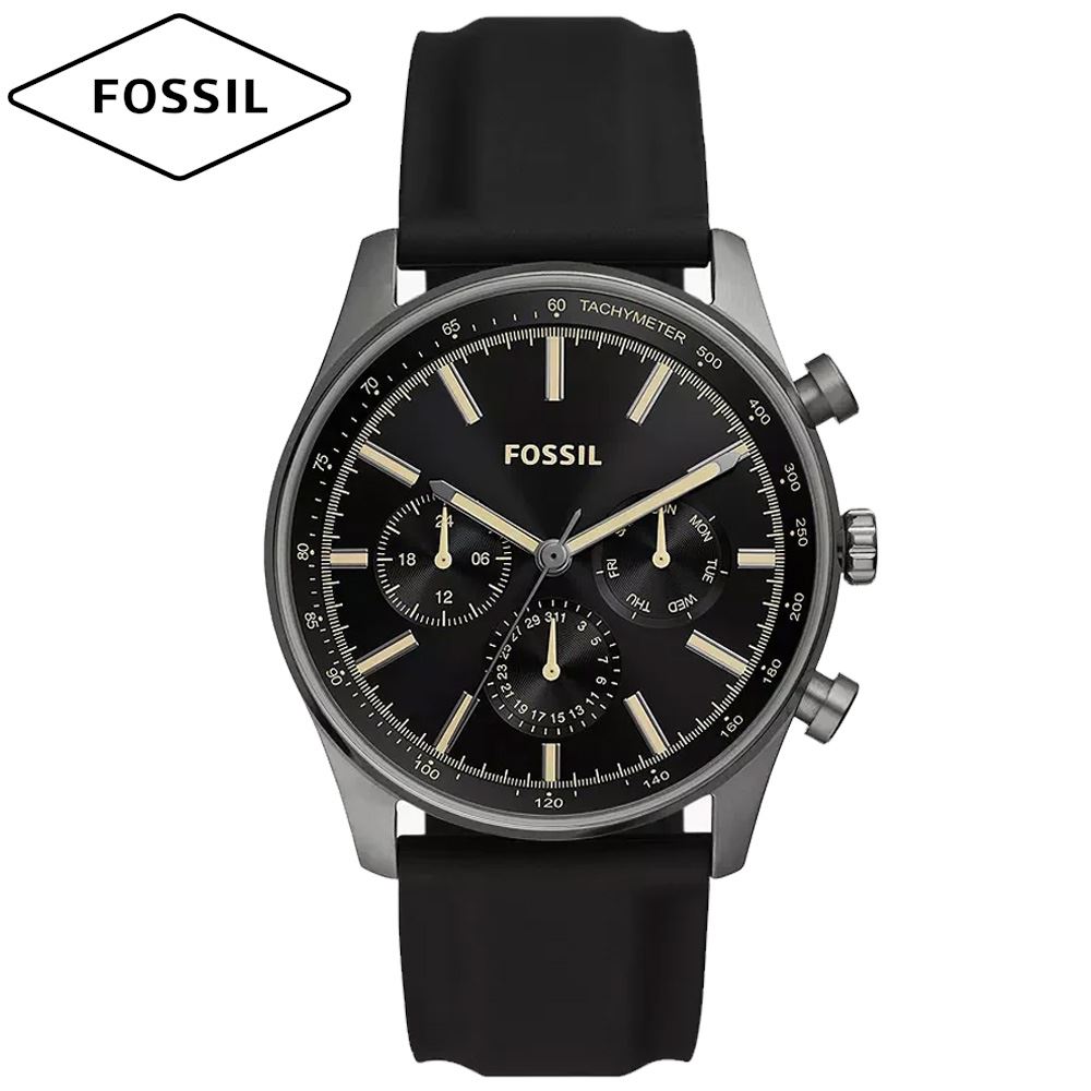 Reloj Fossil Sullivan BQ2746 Multifuncional Acero Inoxidable Gunmetal Correa Silicona Negro