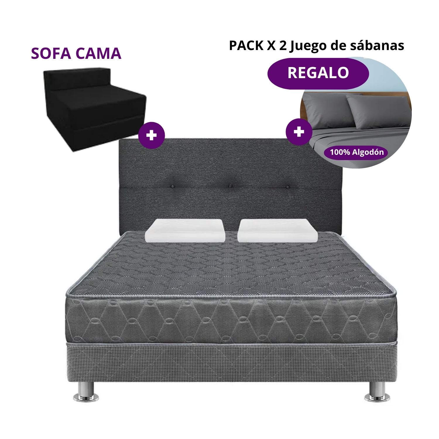Juego Dormitorio Forli Acqua Gris 2PLZ + Sofá Cama + 2 Set de Sábanas 200 Hilos 100% Algodón 2 Plazas Gris Oscuro