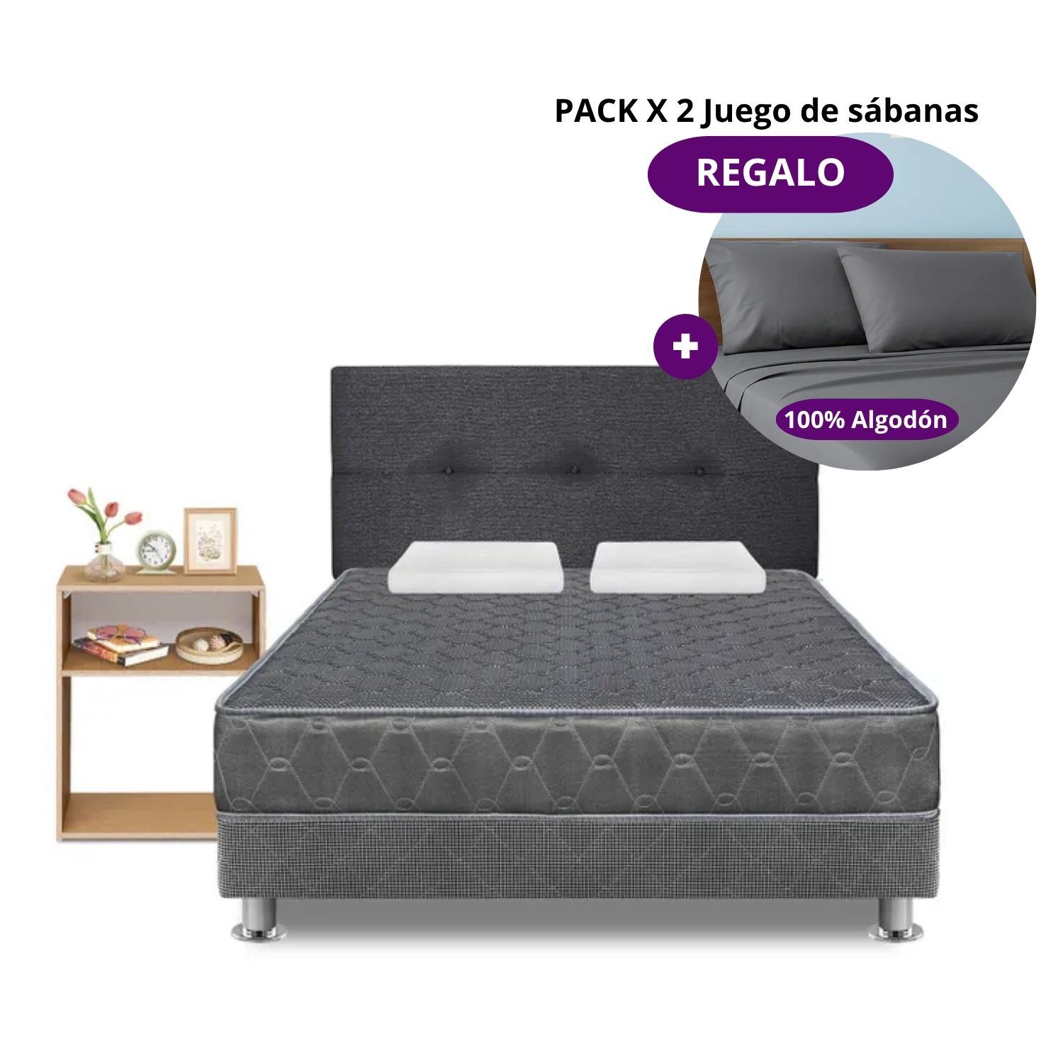 Juego de Dormitorio Forli Acqua Gris 2PLZ + Velador Turin Beige + 2 Set de Sábanas 200 Hilos 100% Algodón 2 Plazas