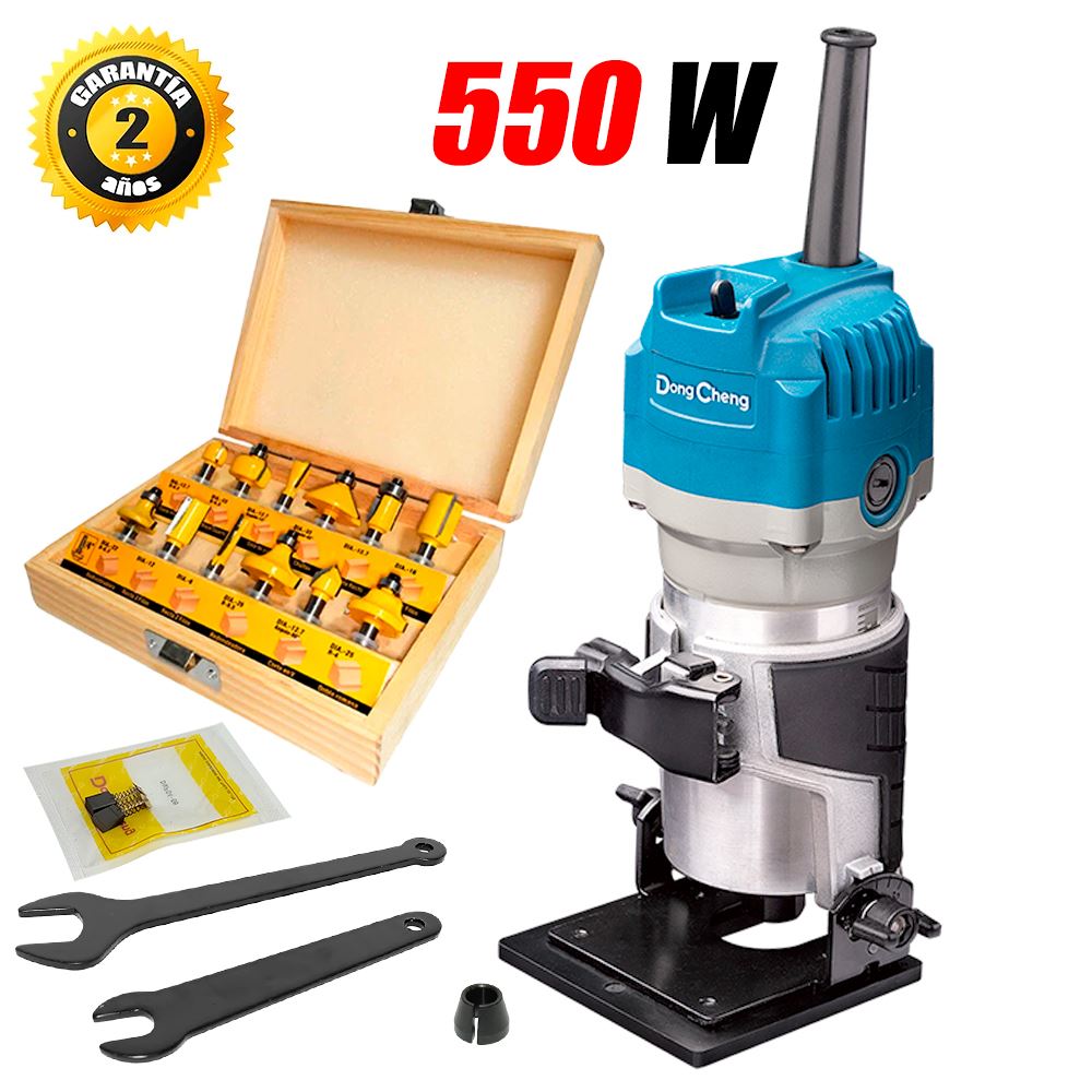 Ruteadora Fresadora Tupi de Mano 1/4″ Dongcheng DMP04-6B 550W Base Inclinada + 12 Fresas