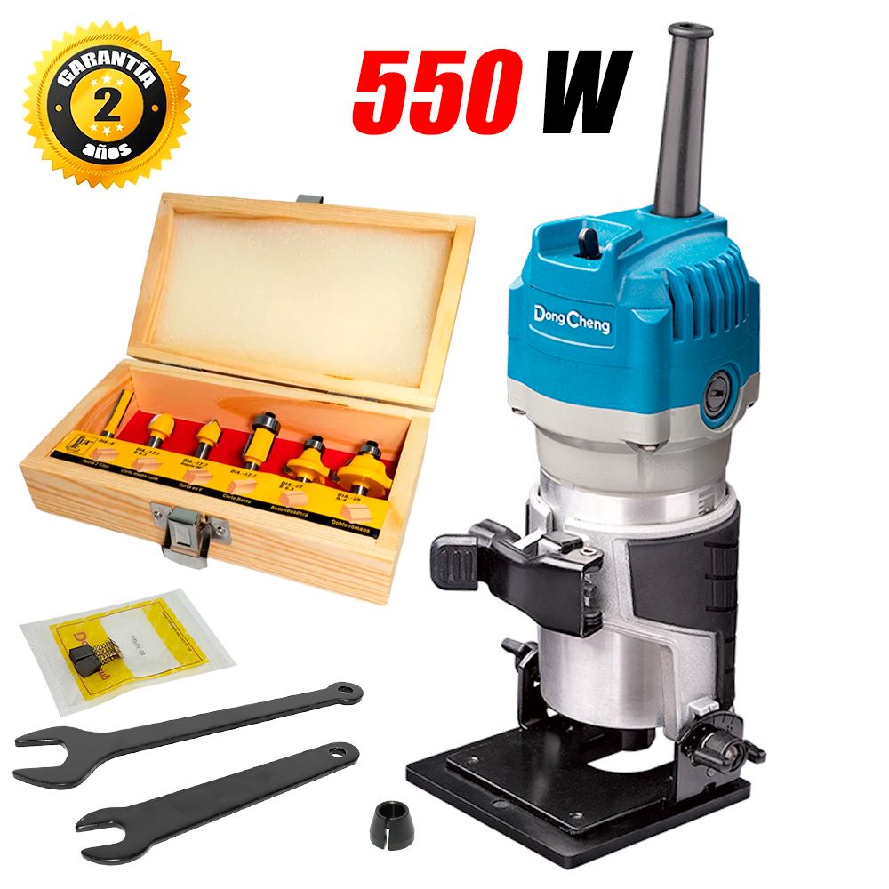 Ruteadora Fresadora Tupi de Mano 1/4″ Dongcheng DMP04-6B 550W Base Inclinada + 6 Fresas