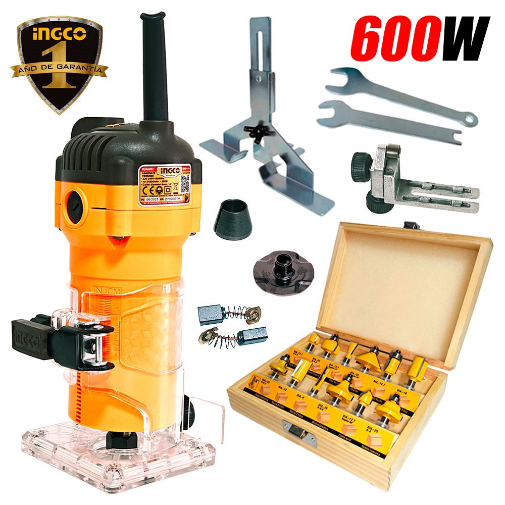 Ruteadora Fresadora Tupi de Mano 6mm, 1/4" Ingco PLM6001 600W 34500rpm + 12 Fresas